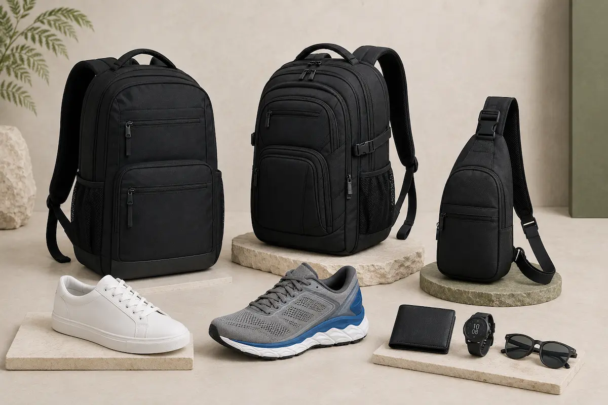 College backpacks, campus shoes, sling bag, wallet, watch, and sunglasses arranged as a men’s back-to-college buying guide