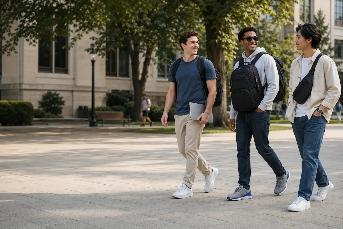 Male college students walking across a US campus with laptop backpacks, sling bags, clean sneakers, running shoes, and everyday carry accessories
