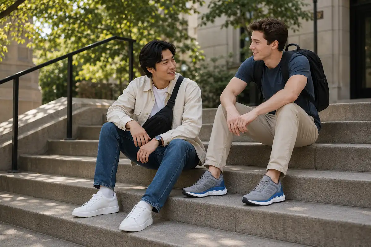 Male college students wearing clean white court sneakers and gray cushioned running shoes on a campus walkway