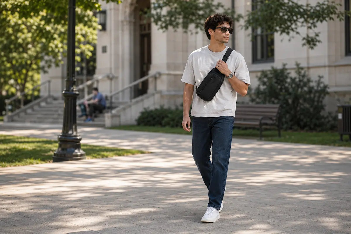 Male college student wearing a compact black crossbody sling bag while walking between classes