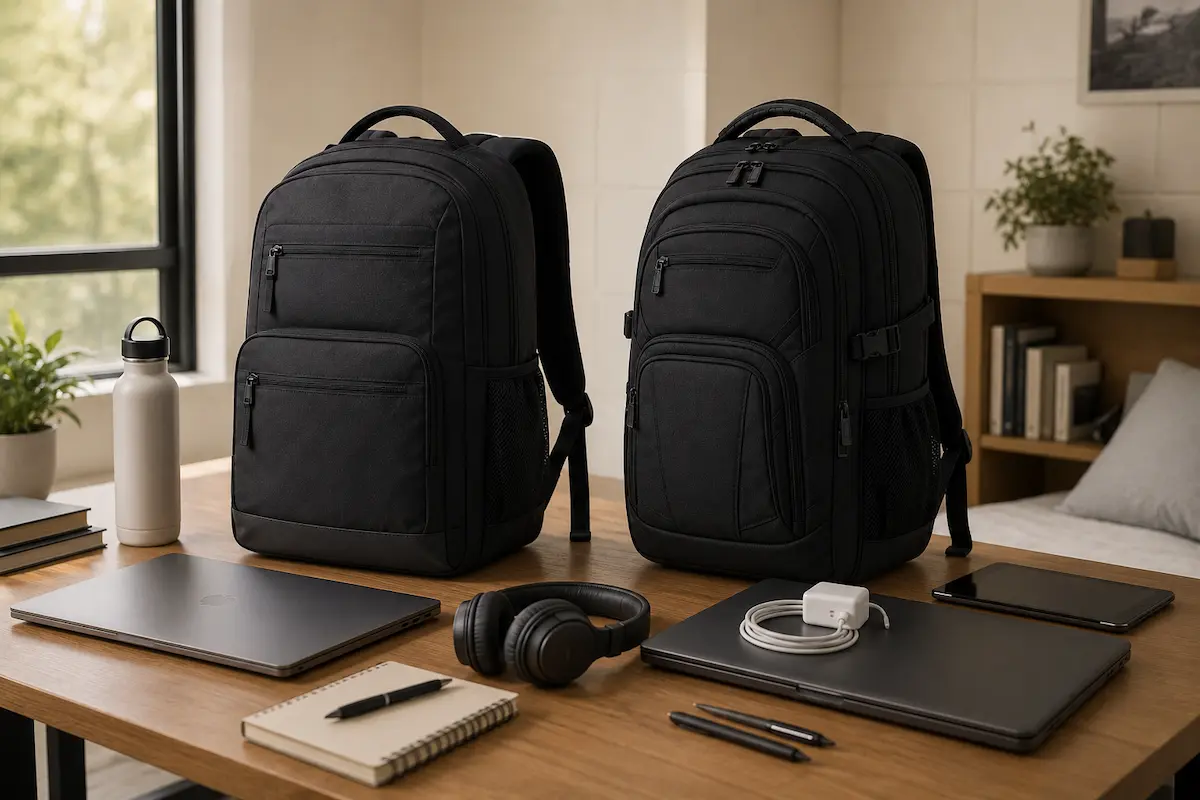 Two men’s college backpacks beside laptops, notebooks, headphones, chargers, and a water bottle
