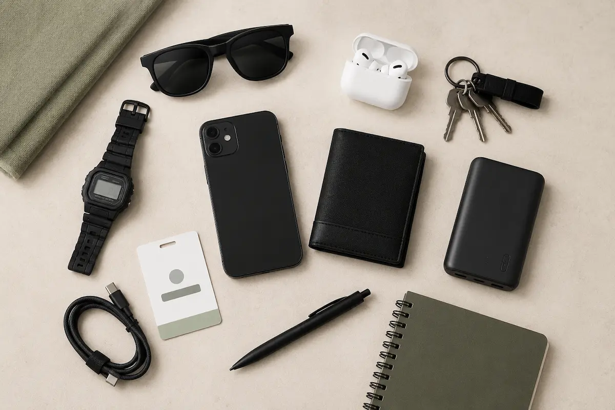 College everyday carry flat lay with digital watch, slim wallet, sunglasses, phone, earbuds, keys, charger, power bank, and notebook