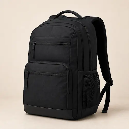 Large dark JanSport-style college backpack with laptop sleeve, two compartments, front pockets, and side bottle storage