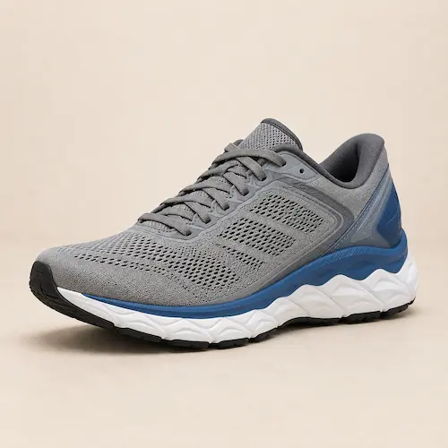 Gray men’s running shoe with blue heel structure, thick white cushioning, mesh upper, and black rubber outsole