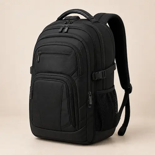 Structured black technical laptop backpack with multiple compartments, padded straps, side pockets, and reinforced panels