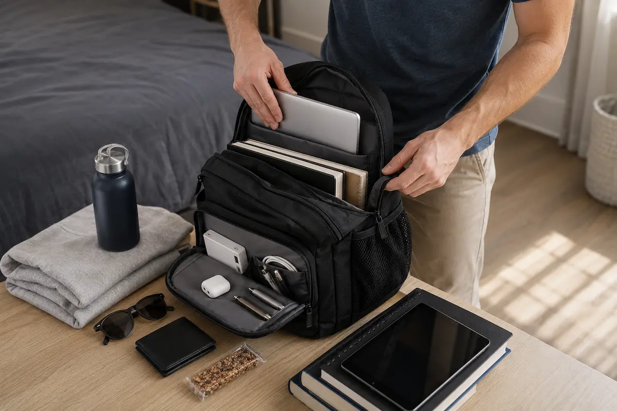 Open college backpack packed with laptop, notebook, charger, power bank, water bottle, sunglasses, wallet, earbuds, pens, and a light hoodie