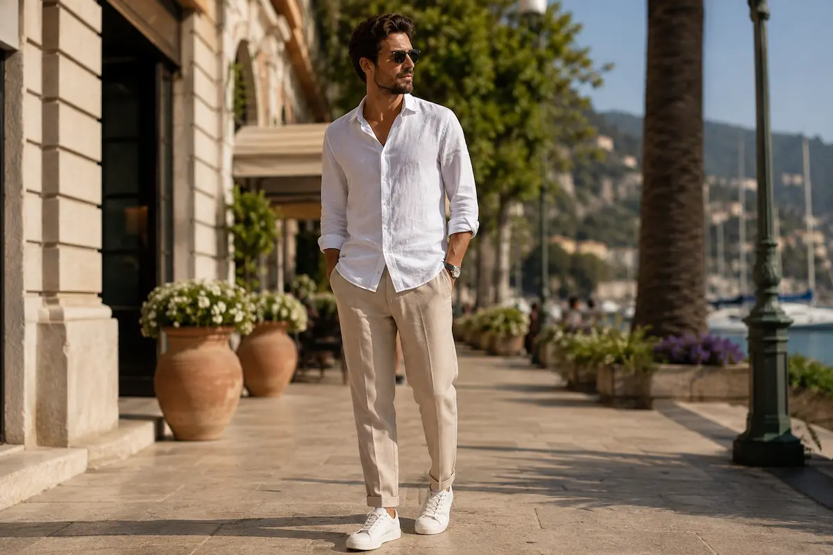 Stylish man wearing linen pants with clean summer shoes in a smart-casual warm weather outfit