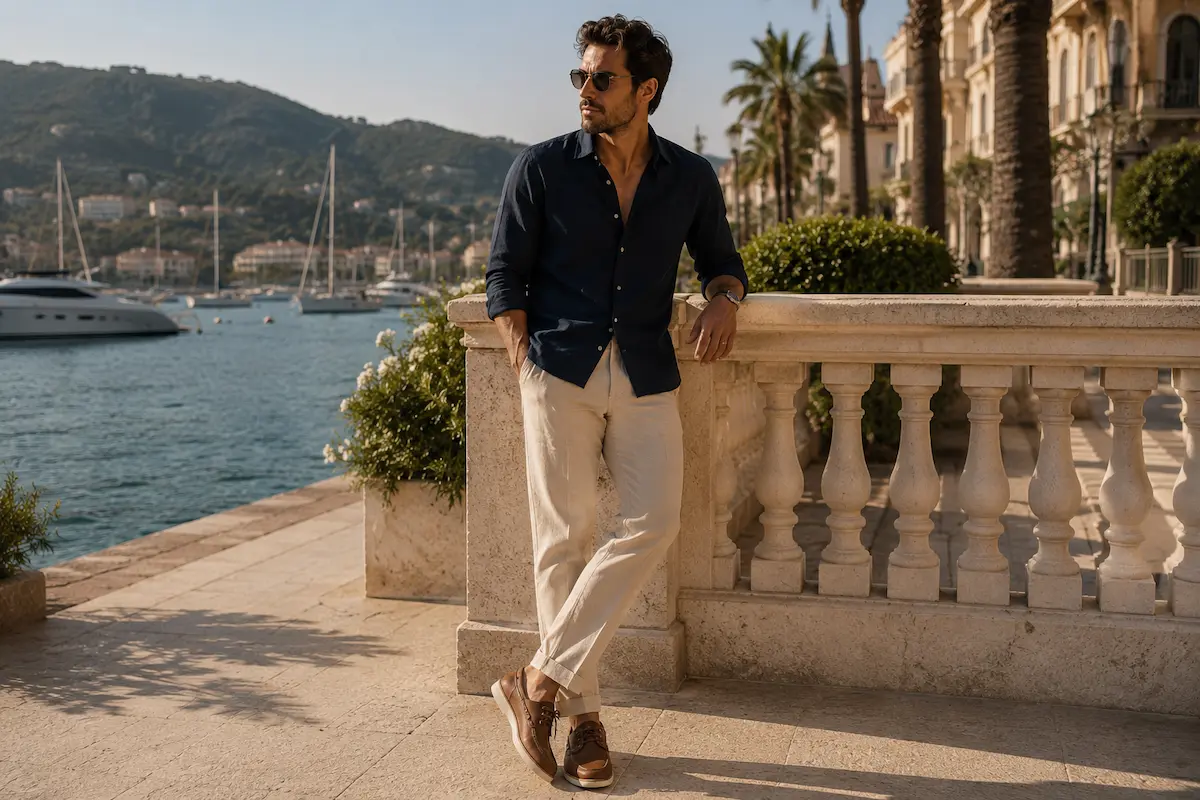 Boat shoes styled with linen pants for a coastal men’s summer outfit