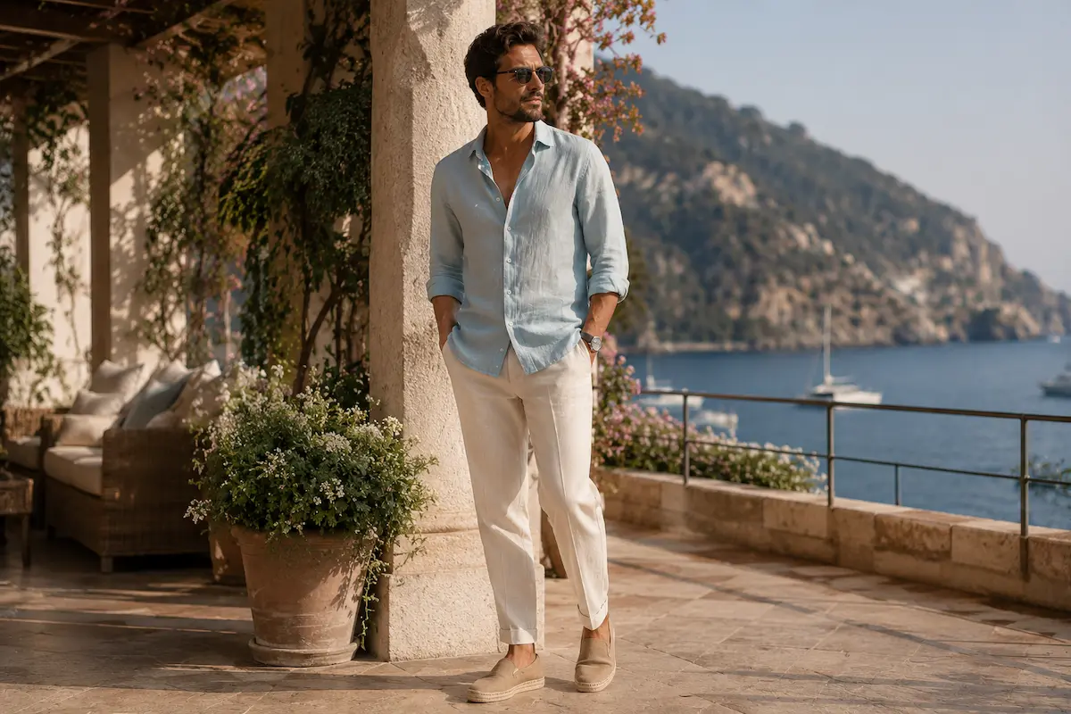 Espadrille-style loafers styled with linen pants in a relaxed vacation outfit