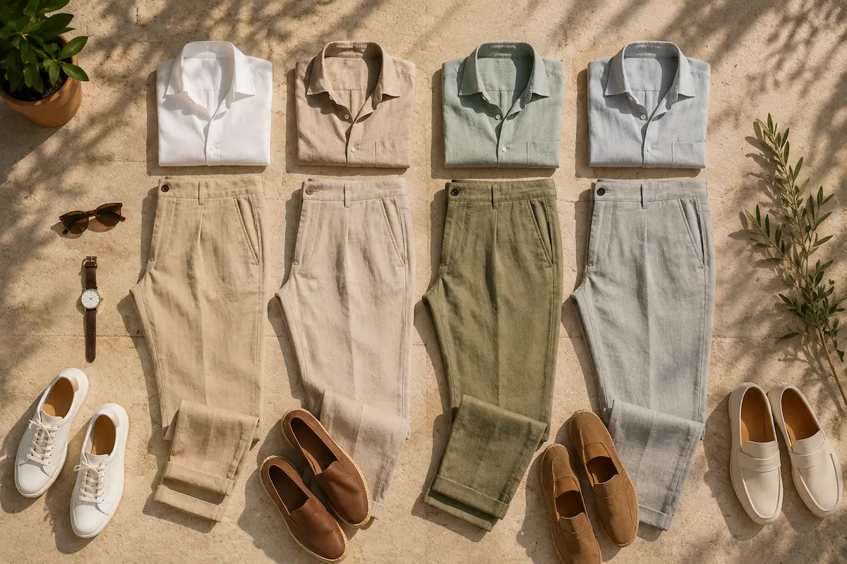 Beige, stone, olive, and light gray linen pants styled with summer shoes, shirts, sunglasses, and a watch