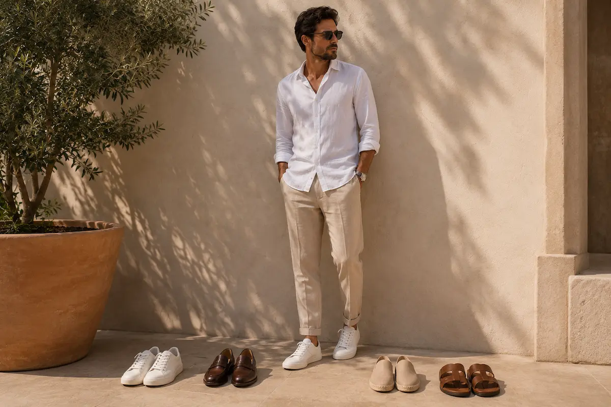 Men’s linen pants styled with different summer shoe options including sneakers, loafers, espadrilles, and boat shoes