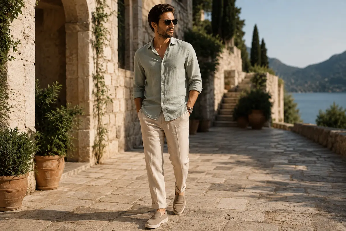 Slip-on loafers styled with men’s linen pants for a comfortable travel and walking outfit