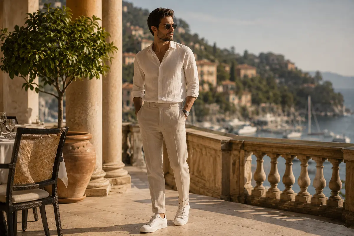 Smart-casual men’s outfit with linen pants, refined sneakers, light button-up shirt, belt, and watch