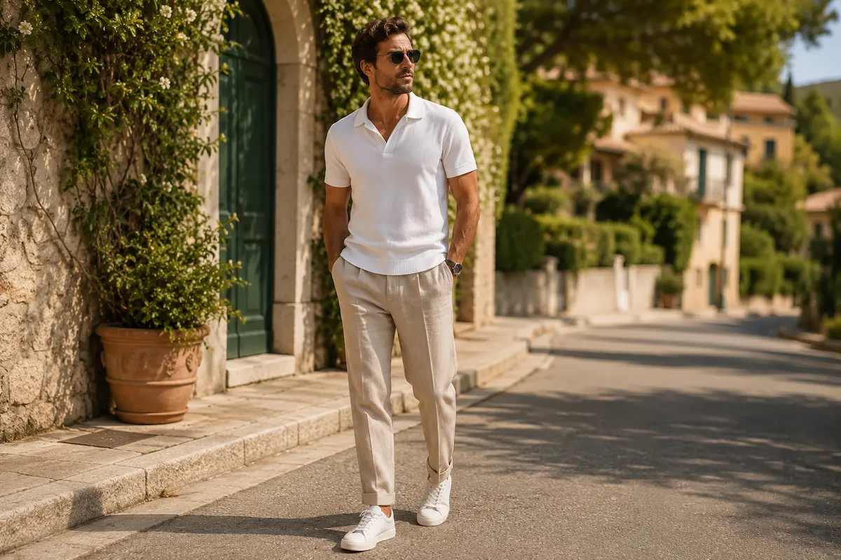 Clean white sneakers styled with beige regular-fit linen pants and a simple men’s summer outfit