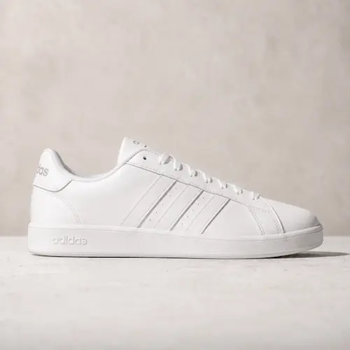 adidas Grand Court 2.0 style white casual sneakers for men shown as comfortable everyday shoes for summer outfits