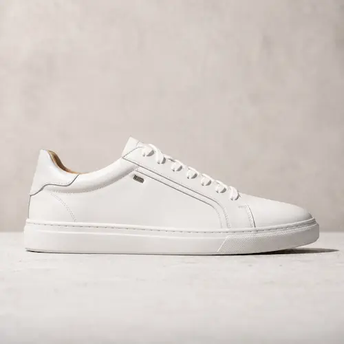 Bruno Marc MaxFlex style white dress sneakers for men shown as clean smart casual shoes for chinos, dinners, and office-casual outfits