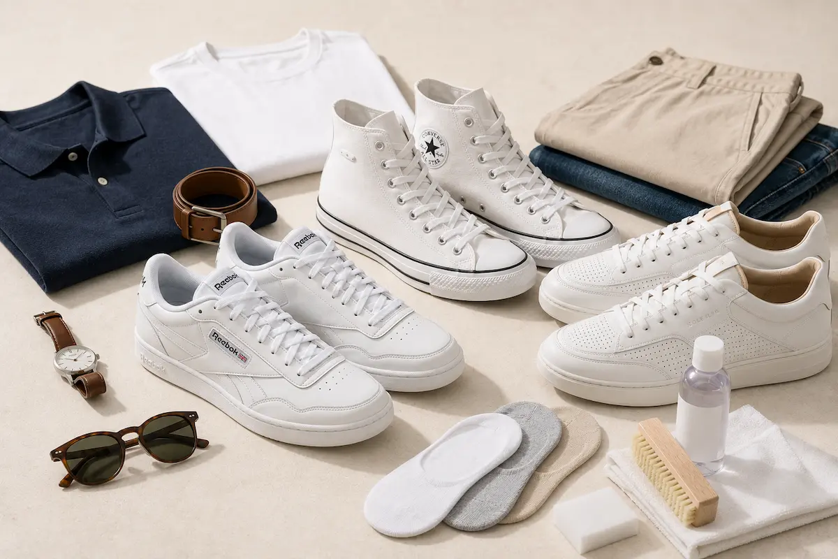 Best white sneakers for men styled with beige chinos, blue jeans, navy polo shirt, white t-shirt, belt, watch, sunglasses, socks, and sneaker cleaning kit