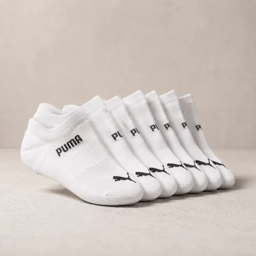 PUMA style low cut socks for men shown as sneaker socks for white sneakers, chinos, jeans, and casual outfits