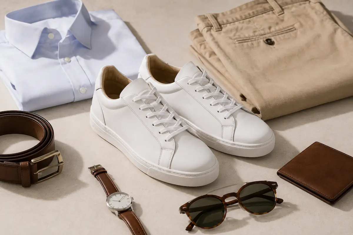 Smart casual white sneakers styled with beige chinos, button-up shirt, brown belt, watch, sunglasses, and slim wallet