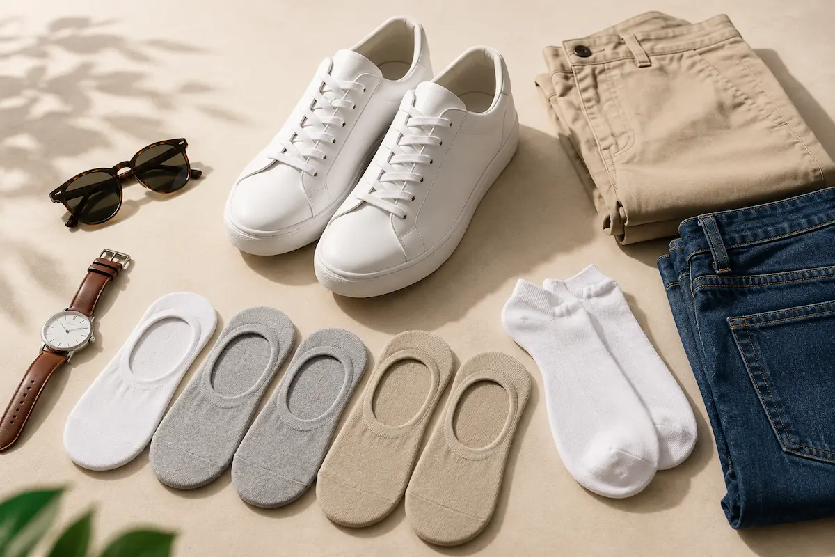 Low-cut socks and no-show socks styled with white sneakers, cropped chinos, jeans, watch, and sunglasses