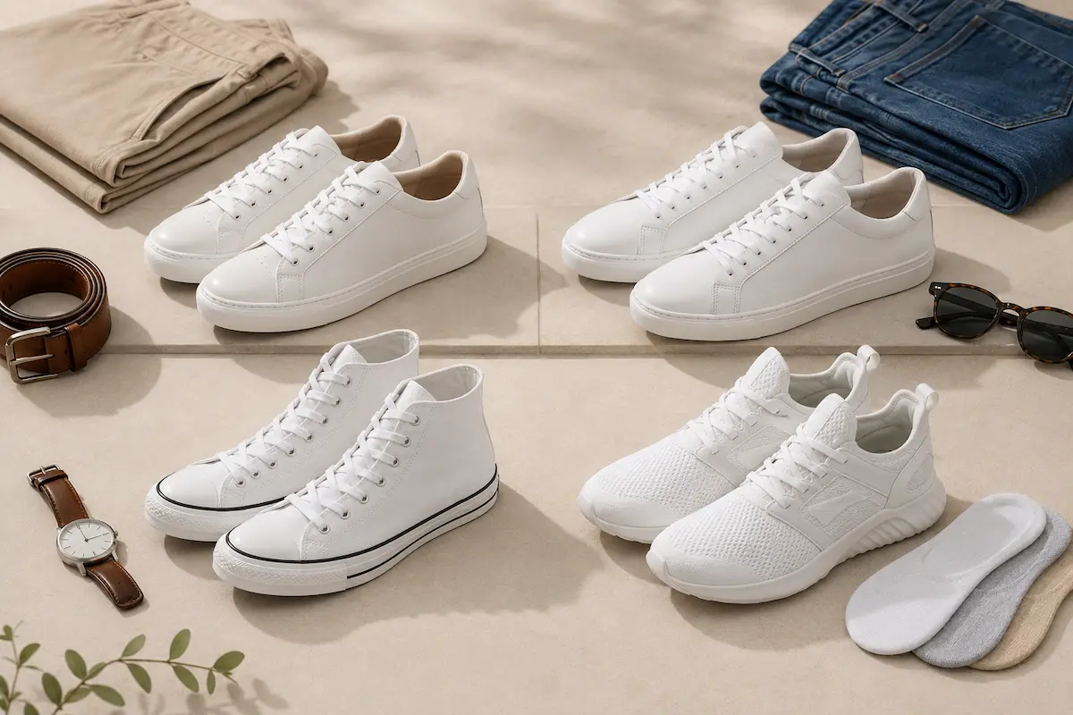 White sneakers styled with beige chinos, navy polo, leather belt, slim wallet, watch, sunglasses, and no-show socks