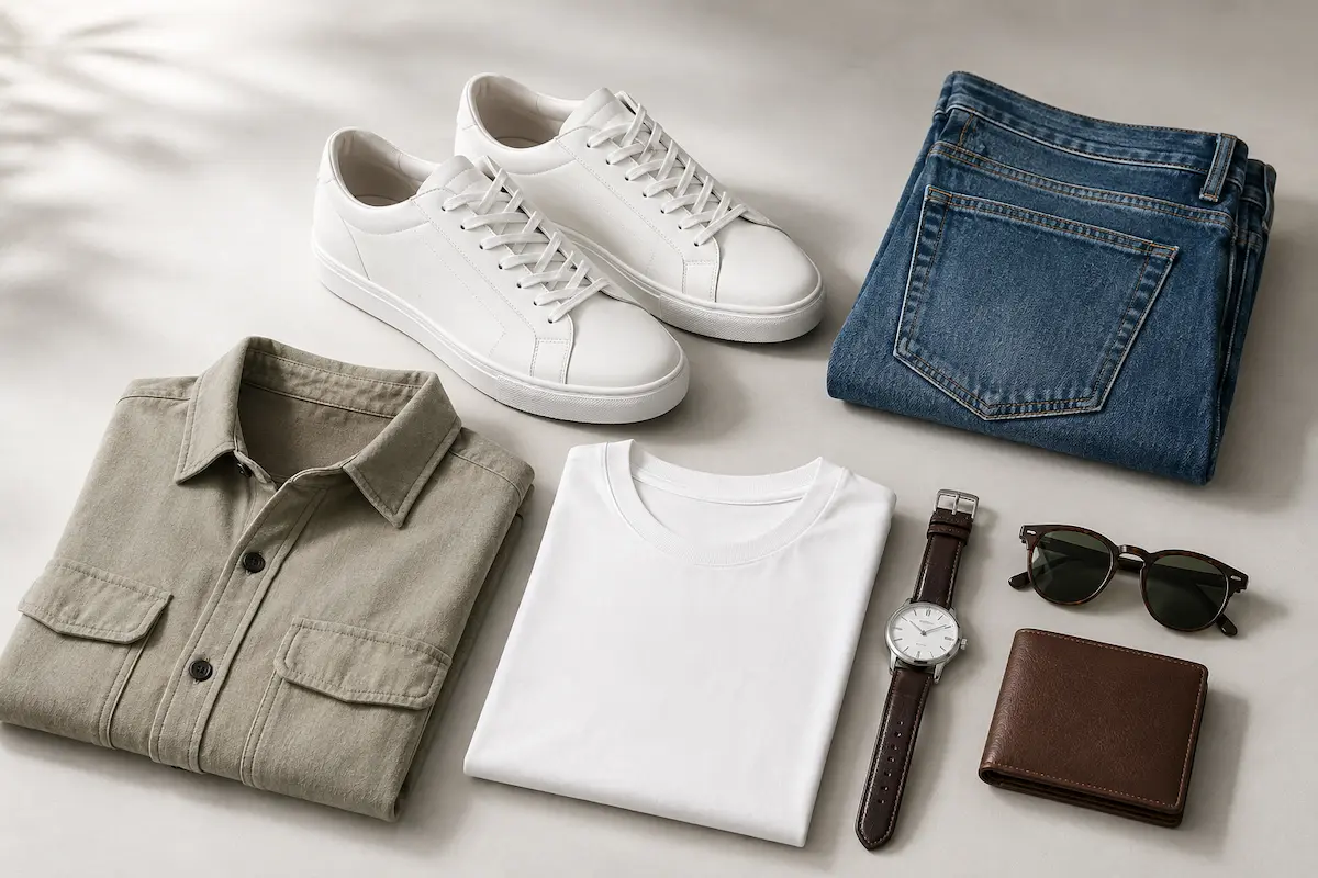 White sneakers styled with folded blue jeans, black t-shirt, casual overshirt, watch, sunglasses, and leather wallet