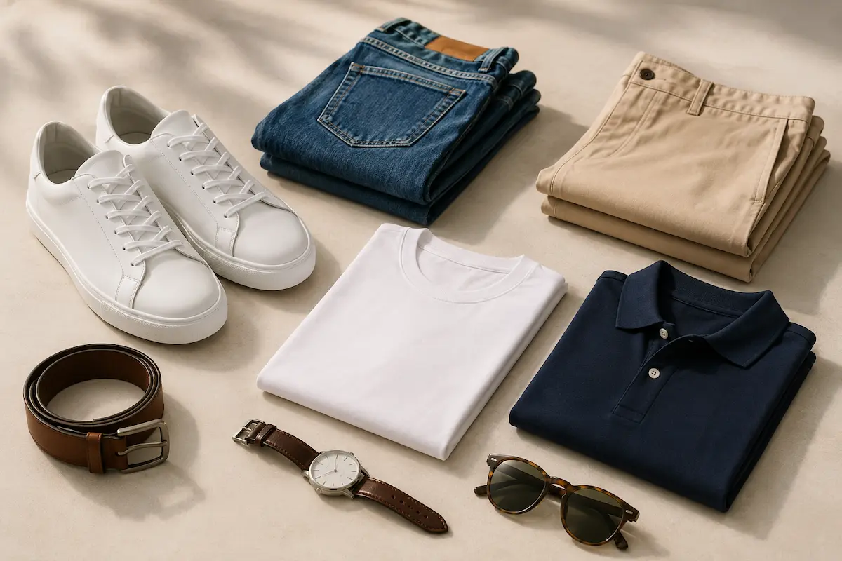 White sneakers styled with chinos, jeans, polo shirt, white t-shirt, watch, sunglasses, and belt for men’s casual outfits