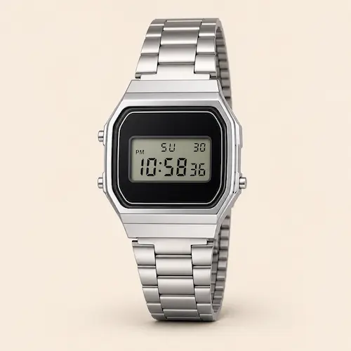 Casio A168W silver-tone vintage metal digital watch shown as a retro alternative