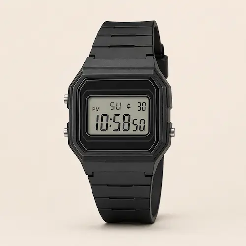 Casio F108WH black digital watch shown as a bigger display alternative to the F91W