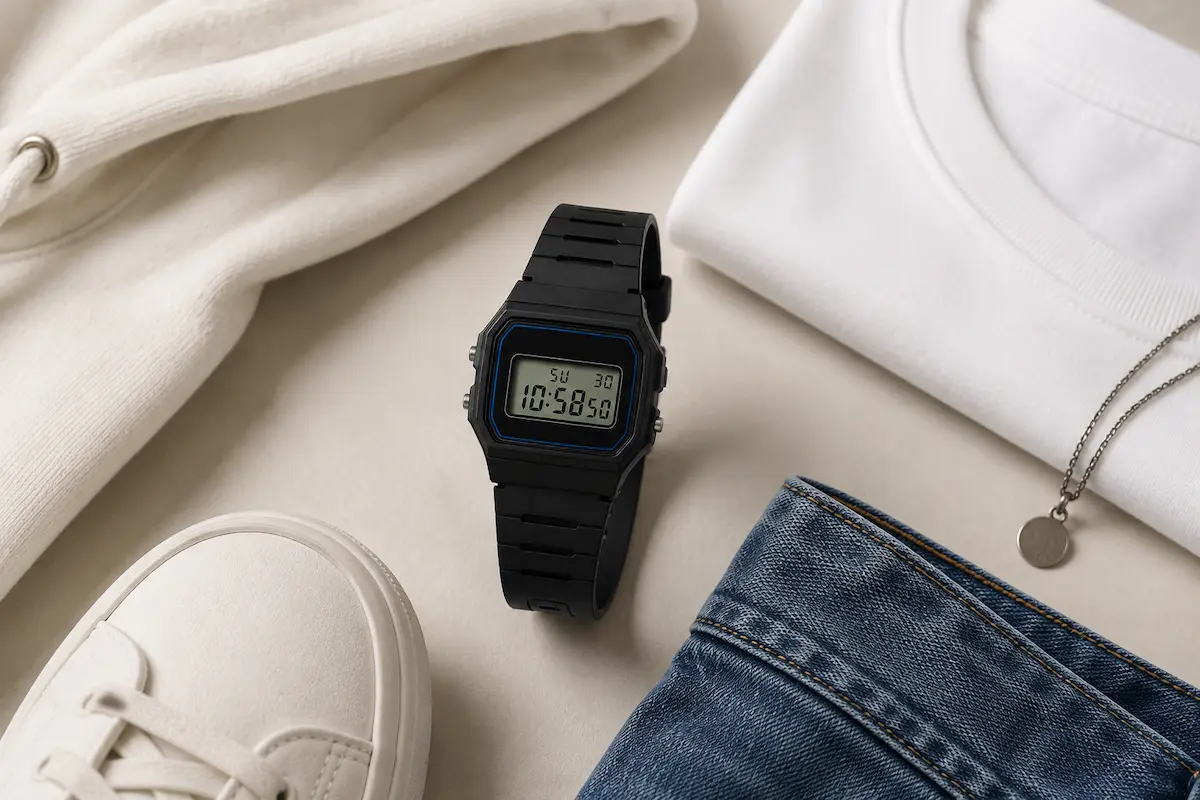 Casio F91W styled with casual men’s outfit pieces for everyday fashion