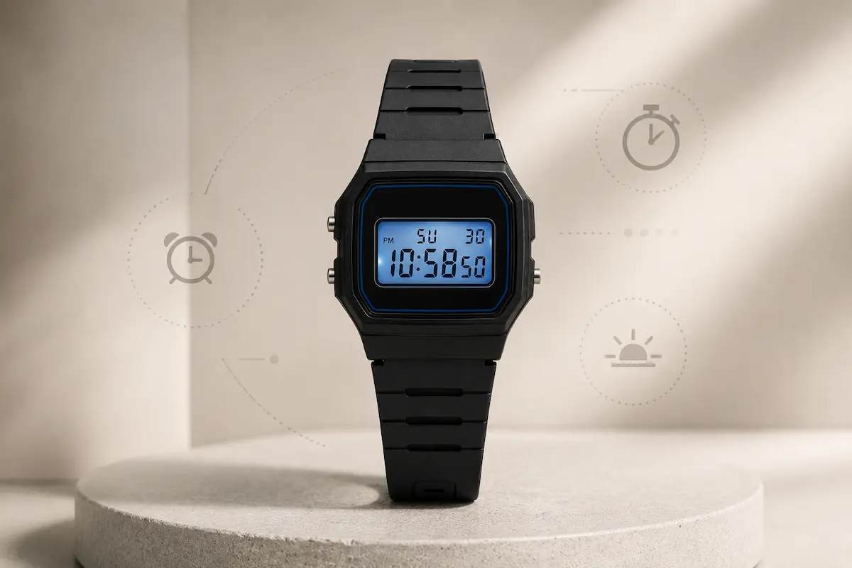 Casio F91W digital watch shown in a clean product setup highlighting daily use features