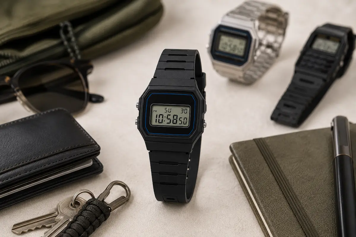 Casio F91W review 2026 hero image showing the classic black digital watch styled with men’s everyday carry accessories