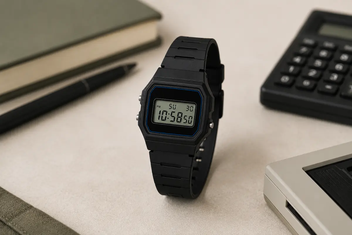 Casio F91W classic digital watch styled in a clean retro setup showing why it is still popular