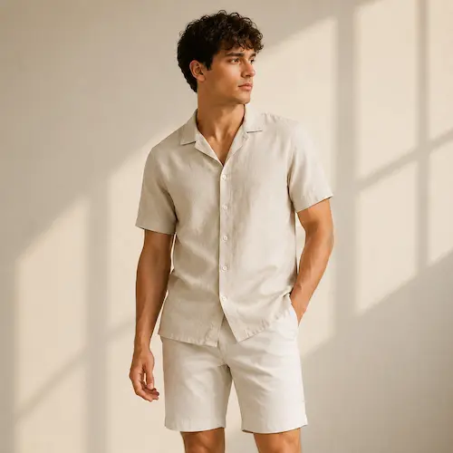 Alimens & Gentle Men’s Linen Short Sleeve Button Down Shirt styled for summer casual outfits