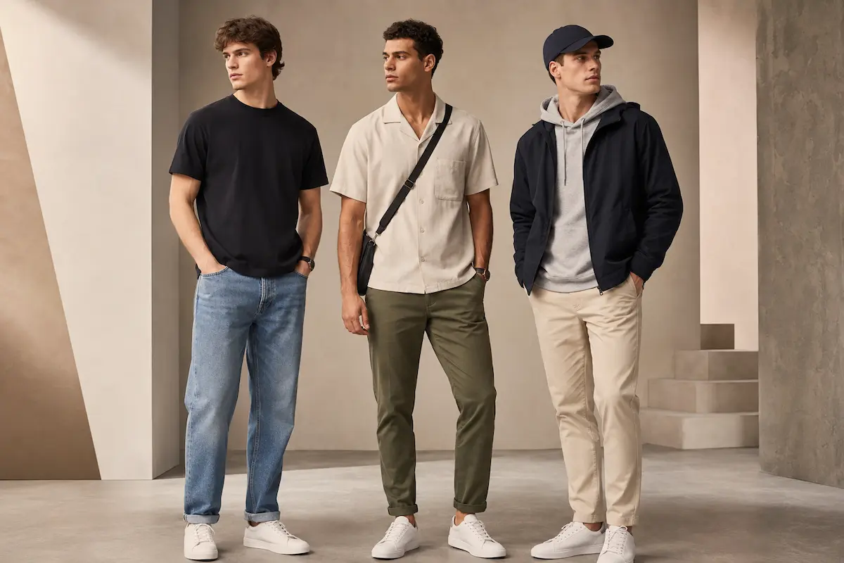 Stylish young men wearing clean casual outfits with tees, jeans, chinos, sneakers, jackets, cap, wallet, and sling bag