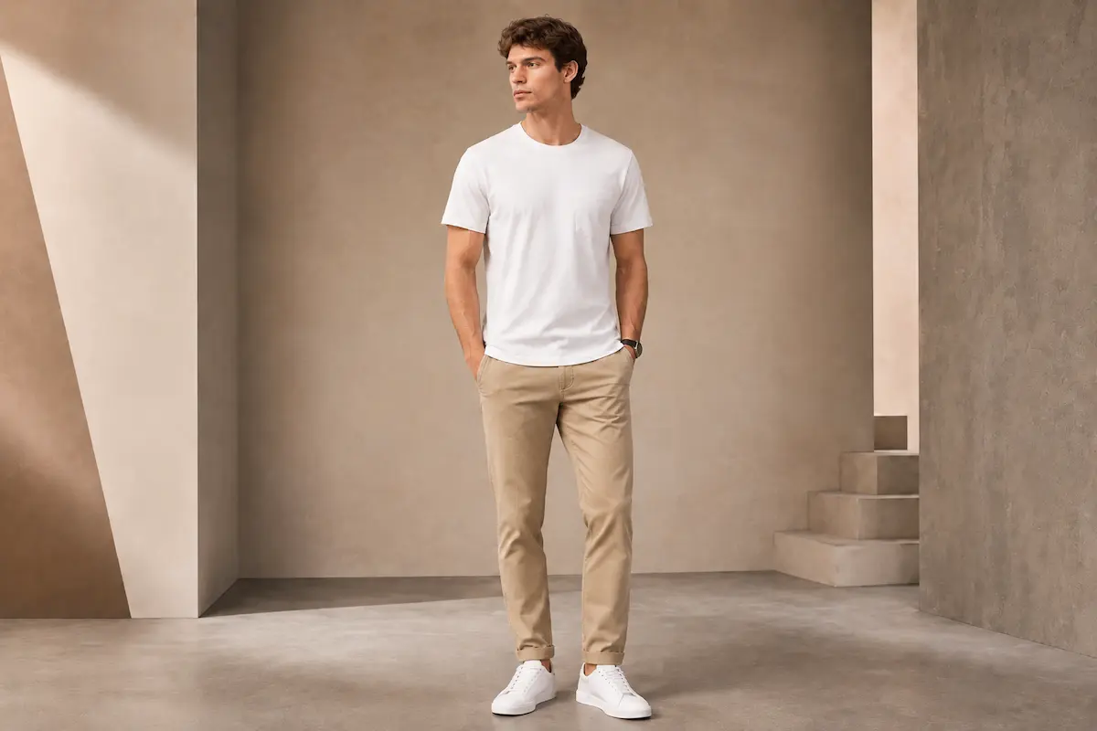 Clean base outfit with plain crew neck t-shirt, straight pants, and casual sneakers for men in their 20s
