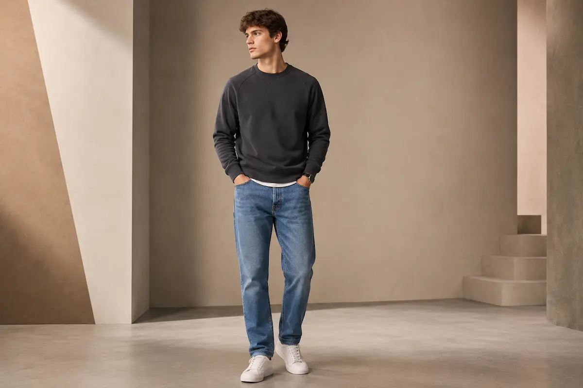 Young man wearing relaxed denim jeans with clean casual sneakers in a street casual outfit