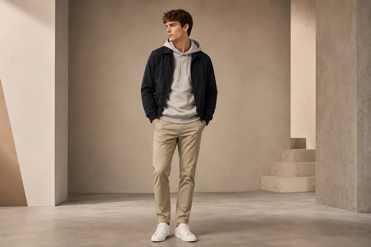 Layered street casual outfit with hoodie, denim jacket, bomber jacket, jeans, and sneakers