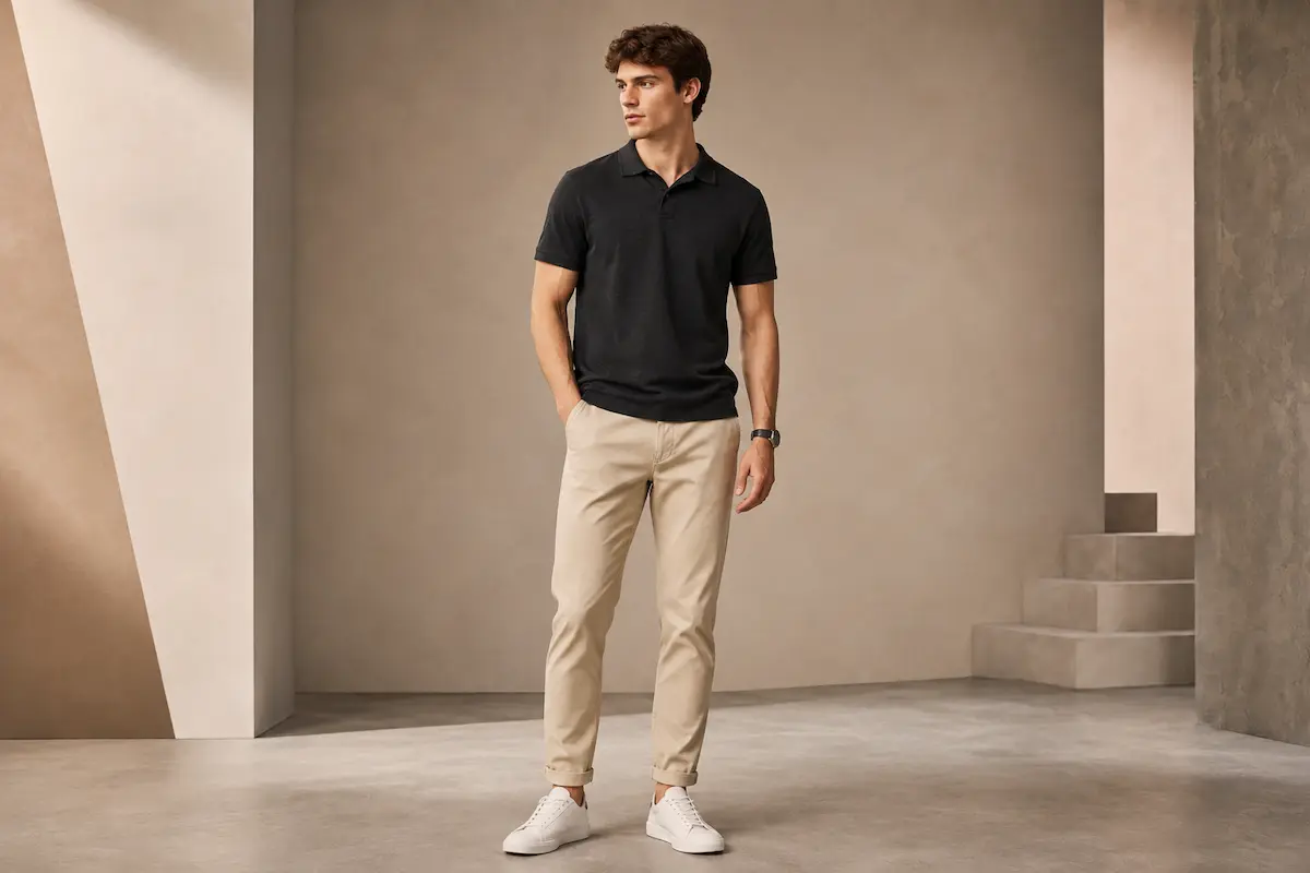 Smart casual outfit for men in their 20s with khaki chinos, clean shirt, and sneakers