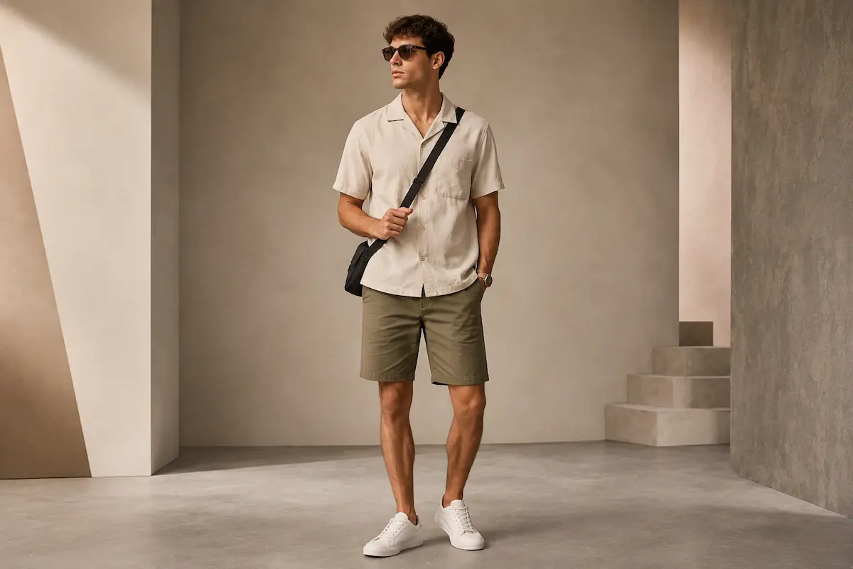 Summer casual outfit with chino shorts, polo shirt, baseball cap, slim wallet, sling bag, and sneakers