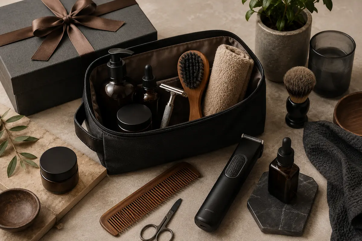 Everyday carry gifts for men including sling bag, wallet, phone, keys, sunglasses, and small accessories
