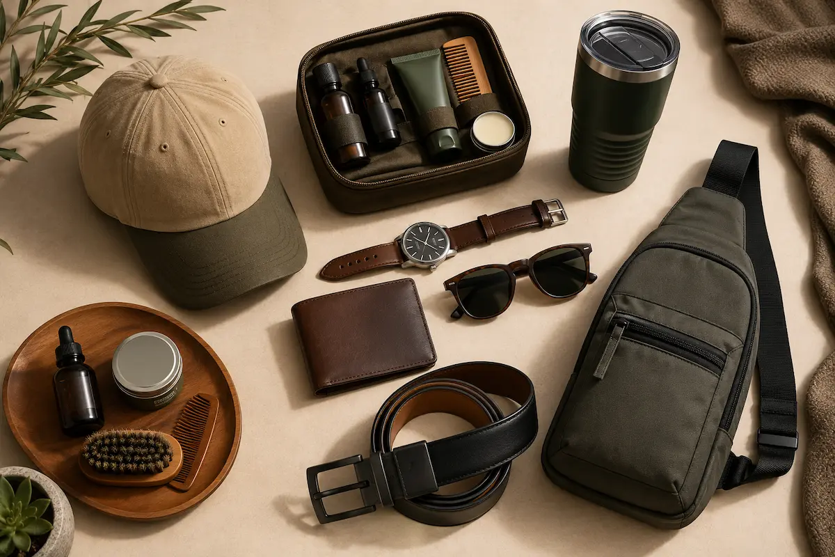 Father’s Day gift ideas for men styled with watches, wallets, belts, grooming items, sunglasses, caps, tumblers, and everyday carry accessories