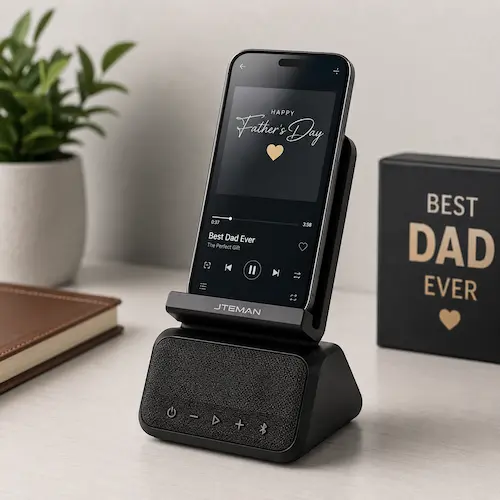 JTEMAN phone stand with Bluetooth speaker styled as a desk gadget Father’s Day gift
