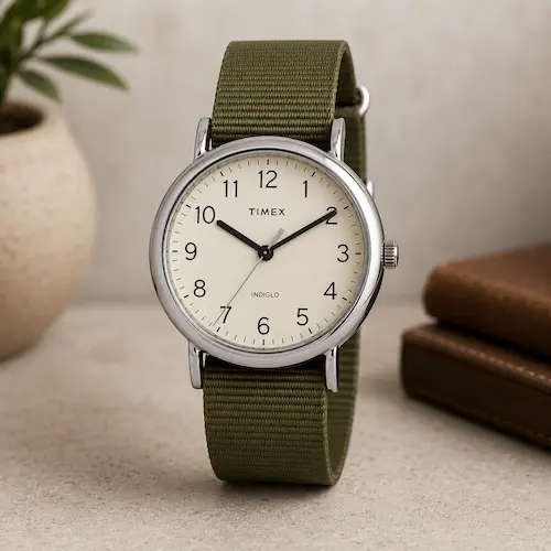 Timex Weekender 38mm watch styled as a casual patriotic watch for men’s summer outfits
