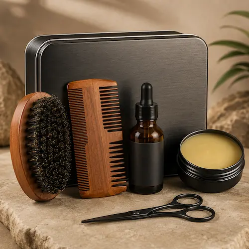 Viking Revolution beard care kit styled as a gift-ready grooming set for men
