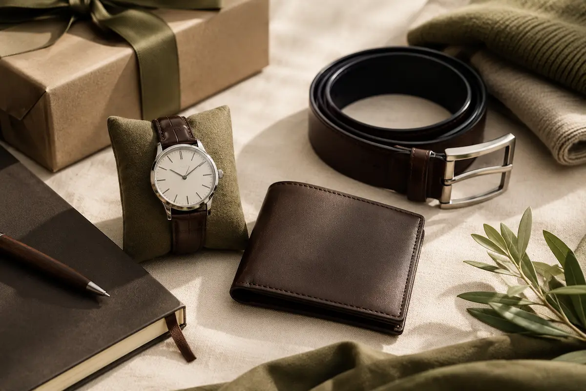 Men’s style essentials gift ideas including watch, wallet, belt, and simple accessories