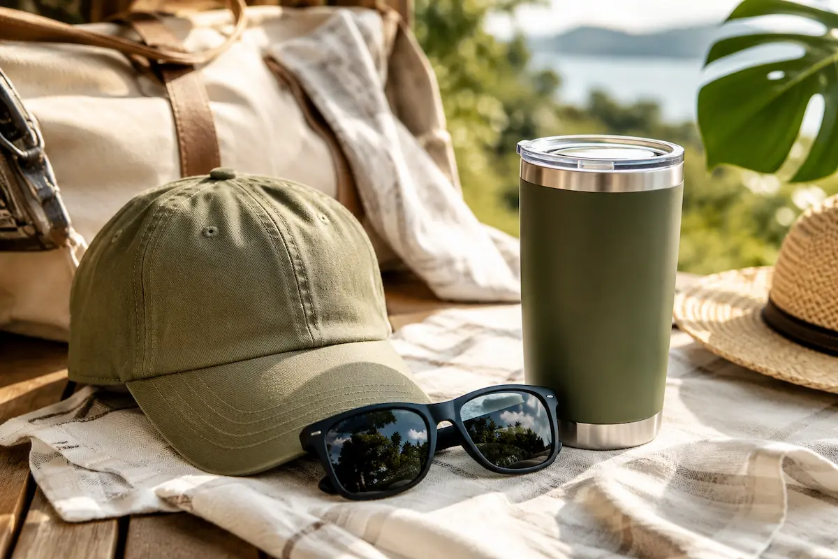 Summer Father’s Day gift ideas for men including cap, sunglasses, tumbler, travel bag, and outdoor accessories