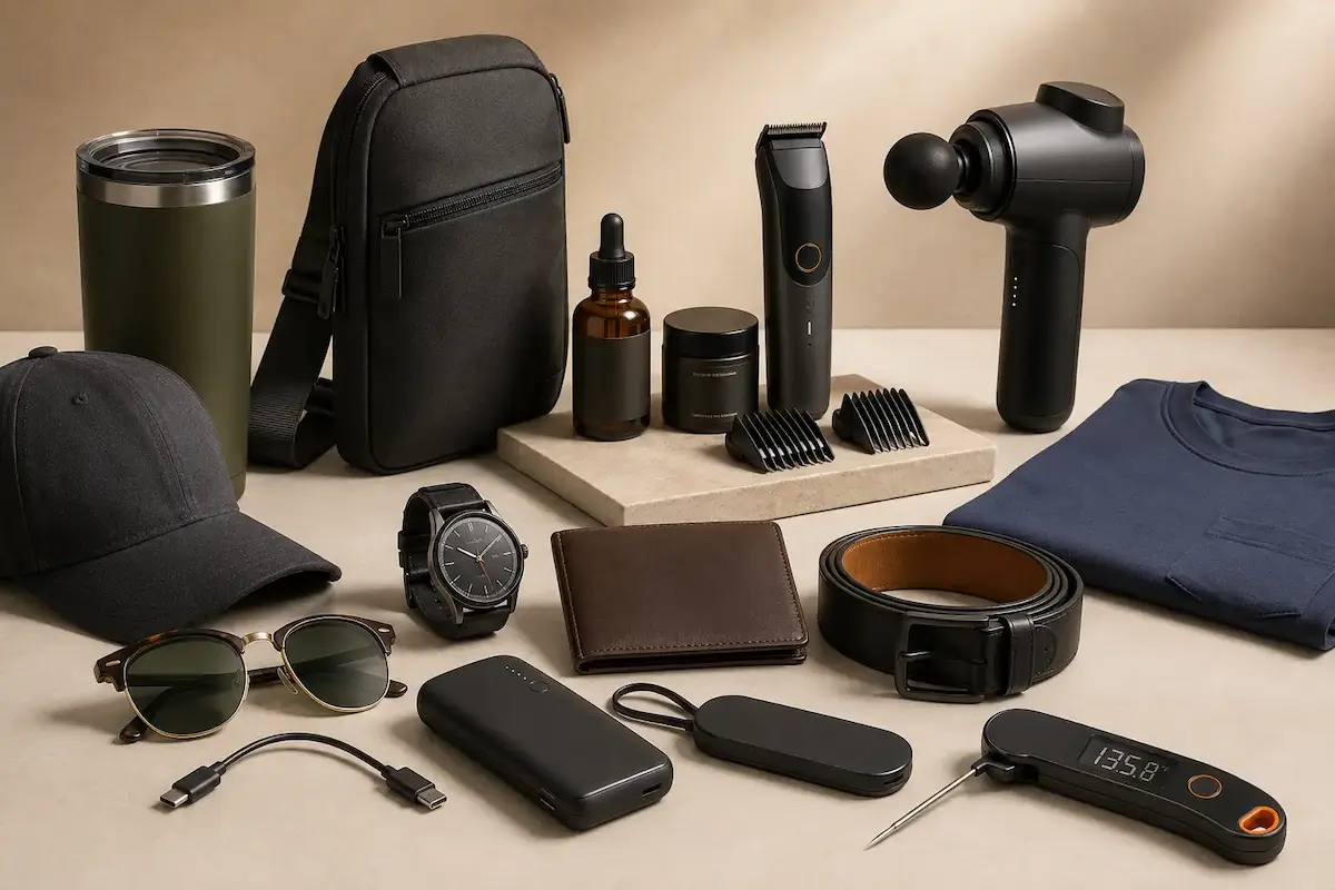 Last-minute Father’s Day gifts for men styled with watch, wallet, grooming kit, power bank, meat thermometer, massage gun, pocket t-shirt, sunglasses, tumbler, cap, and sling bag