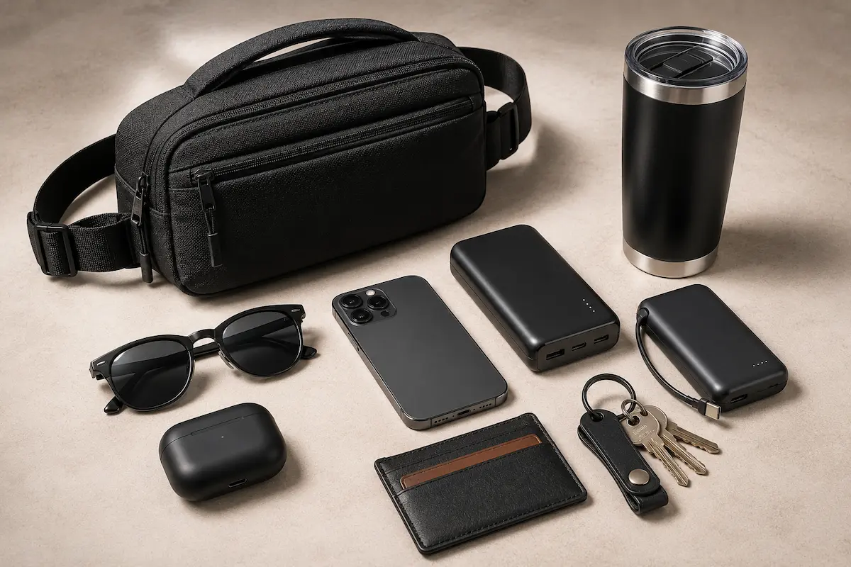 Everyday carry and tech Father’s Day gifts including power bank, USB-C charger, sling bag, wallet, phone, keys, sunglasses, earbuds, and tumbler