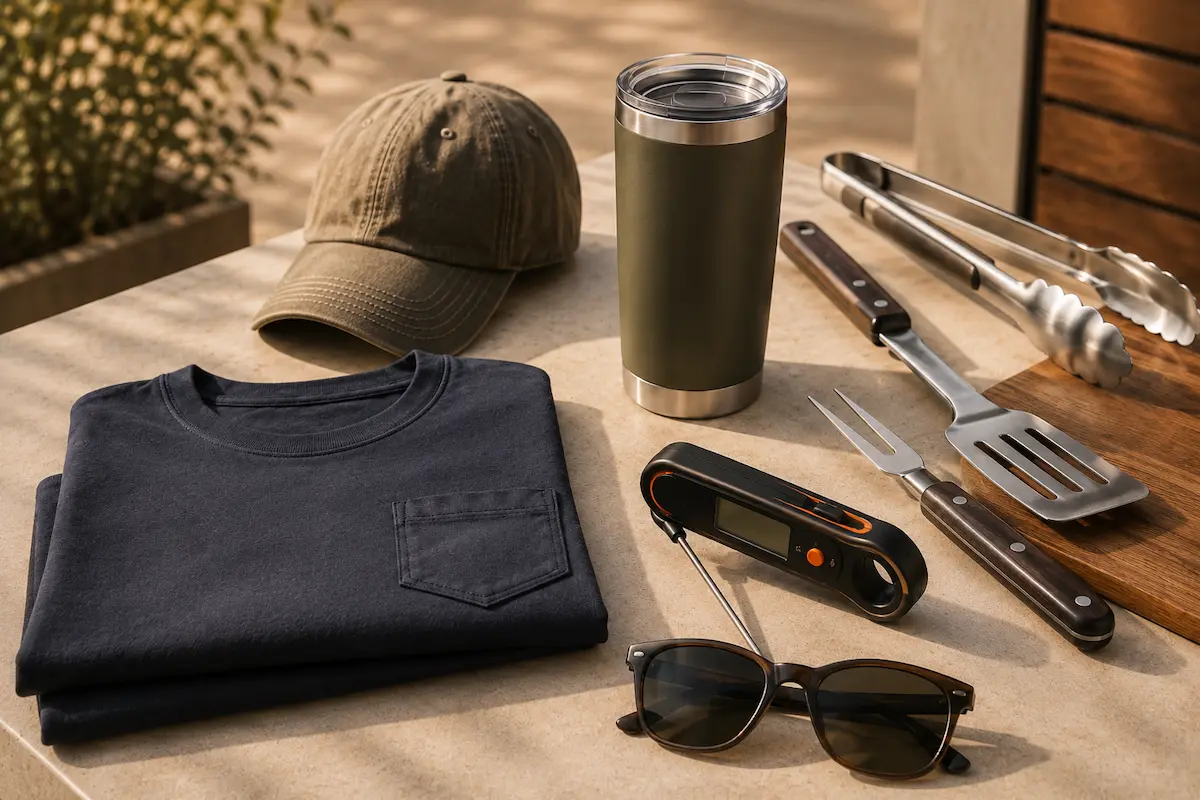 Grilling and weekend Father’s Day gifts including digital meat thermometer, tumbler, cap, sunglasses, pocket t-shirt, and outdoor accessories
